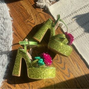 Green Glitter Platform Heels with Pink Flower Accent